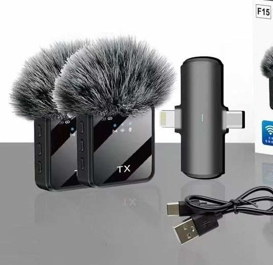 Professional Portable F15-2 Dual Mini Wireless Headset Microphone 3 in 1 with Noise Reduction and Tiny Collar Clip Noise Reduction Mini Mic for Recording plus Wireless Interview Microphone Handheld Ad