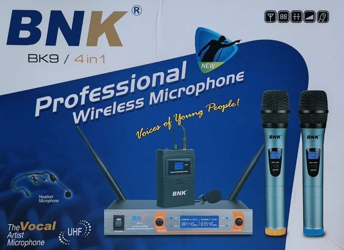 Bnk BK9/4 in 1 Professional Wireless Microphone with 2 hand held, lapel and head wireless microphone