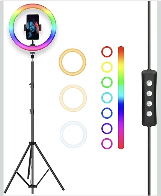 14 Inch RGB Ring Light with 2.1M Tripod Stand & Mobile Holder, Dual wireless Type C wireless microphone and bluetooth shutter