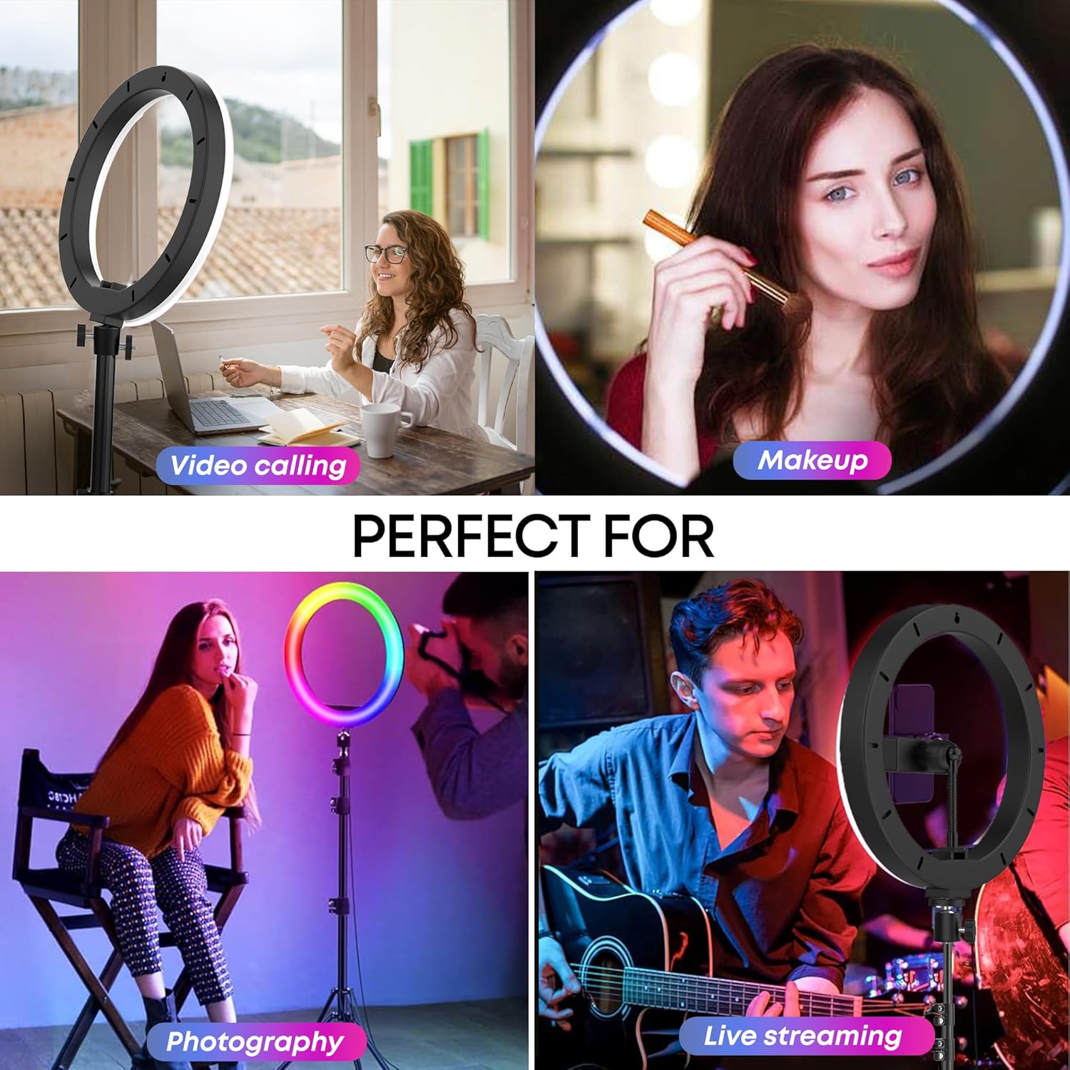 14 Inch RGB Ring Light with 2.1M Tripod Stand & Mobile Holder, Dual wireless Type C wireless microphone and bluetooth shutter