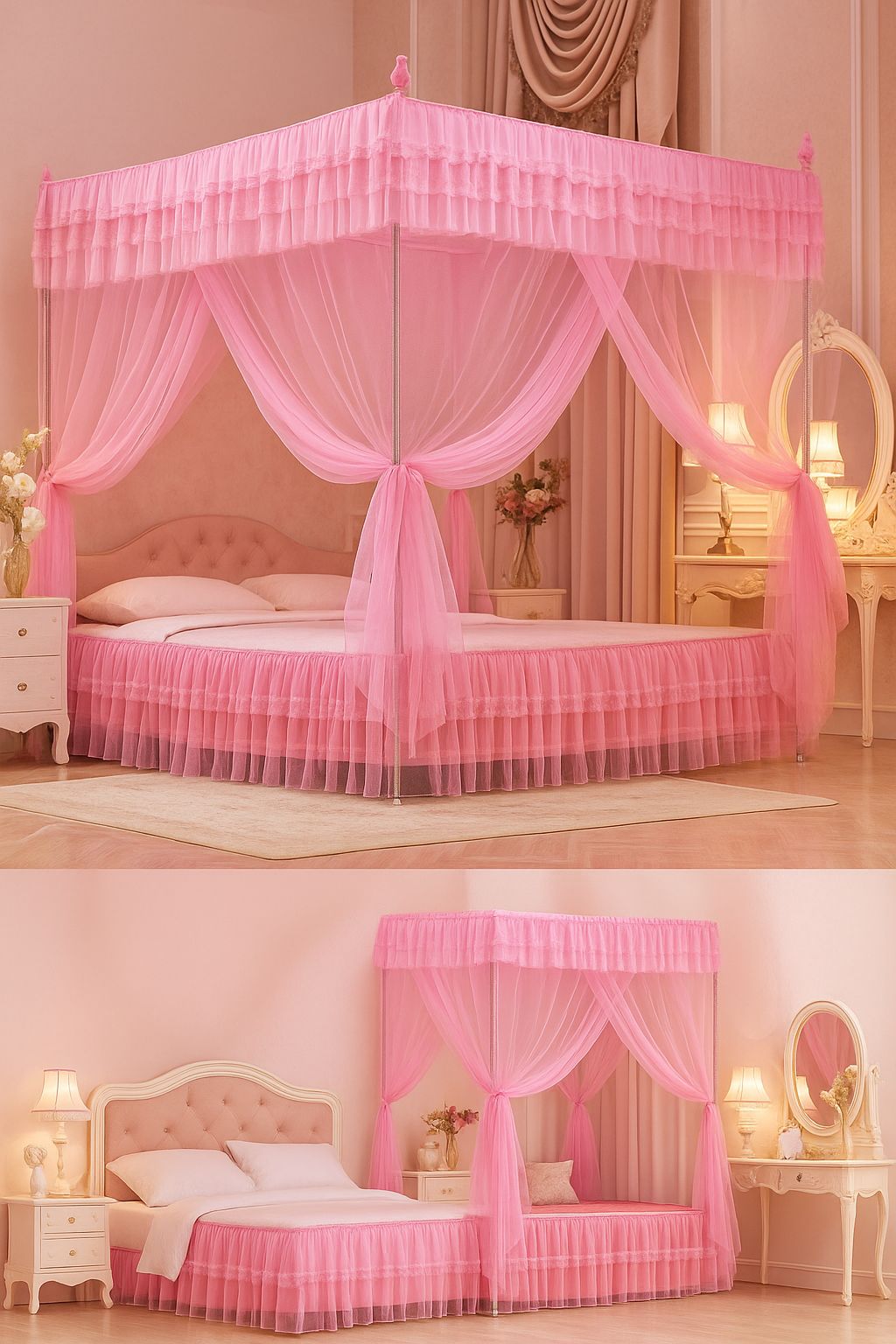 4 stand net mosquito net 
✨4x6, 5x6,6x6 
▪️Pink, purple, cream and white 
☀️All sizes,all colours same price