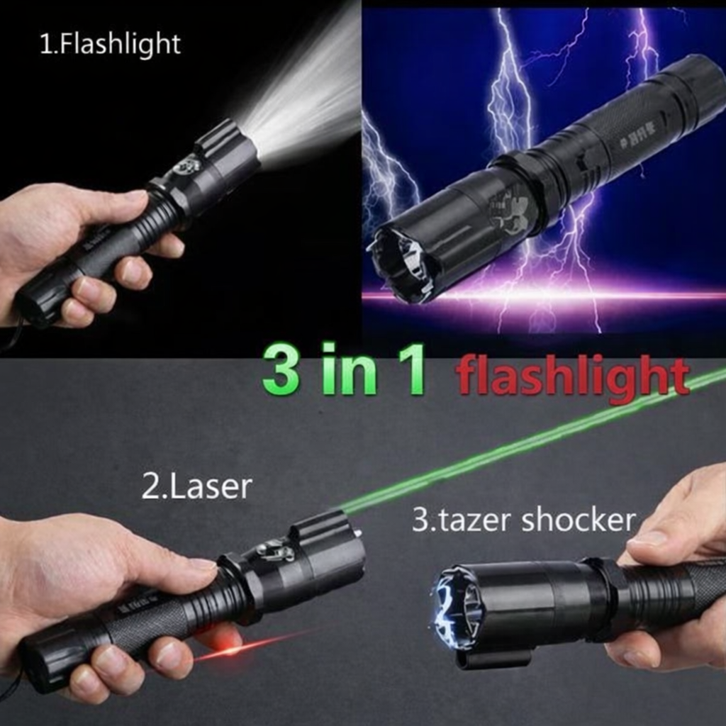 ⚡ 3-in-1 Tactical Flashlight | Torch + Laser + Electric Shock Protection