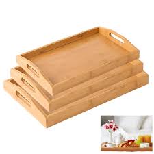 🌿 3-in-1 Bamboo Serving Trays Set – Large, Medium & Small with Wooden Handles | Durable, Eco-Friendly, Multipurpose Food & Drink Serving Tray Set 🍵