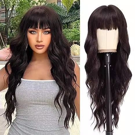 European and American wigs, bangs, big waves, Dark Brown, long curl, comfortable, natural hair, chemical fiber head hood, wig