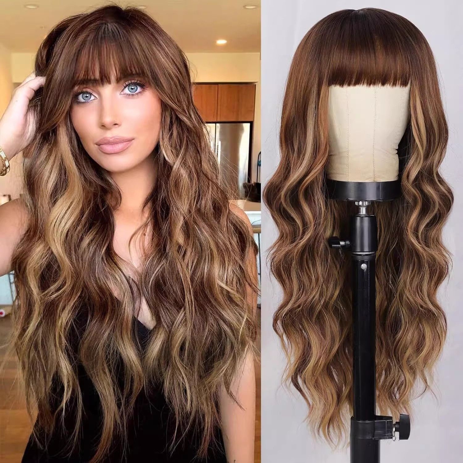 European and American wigs, bangs, big waves, Dark Brown, long curl, comfortable, natural hair, chemical fiber head hood, wig