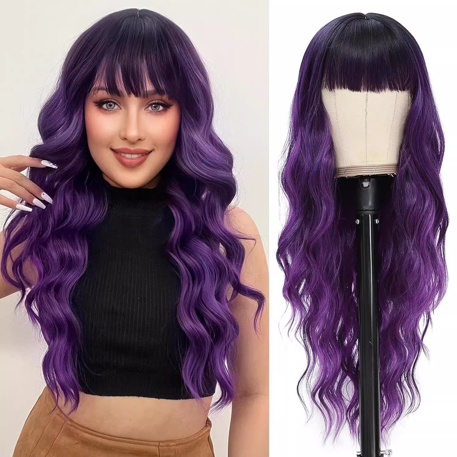 European and American wigs, bangs, big waves, Dark Brown, long curl, comfortable, natural hair, chemical fiber head hood, wig
