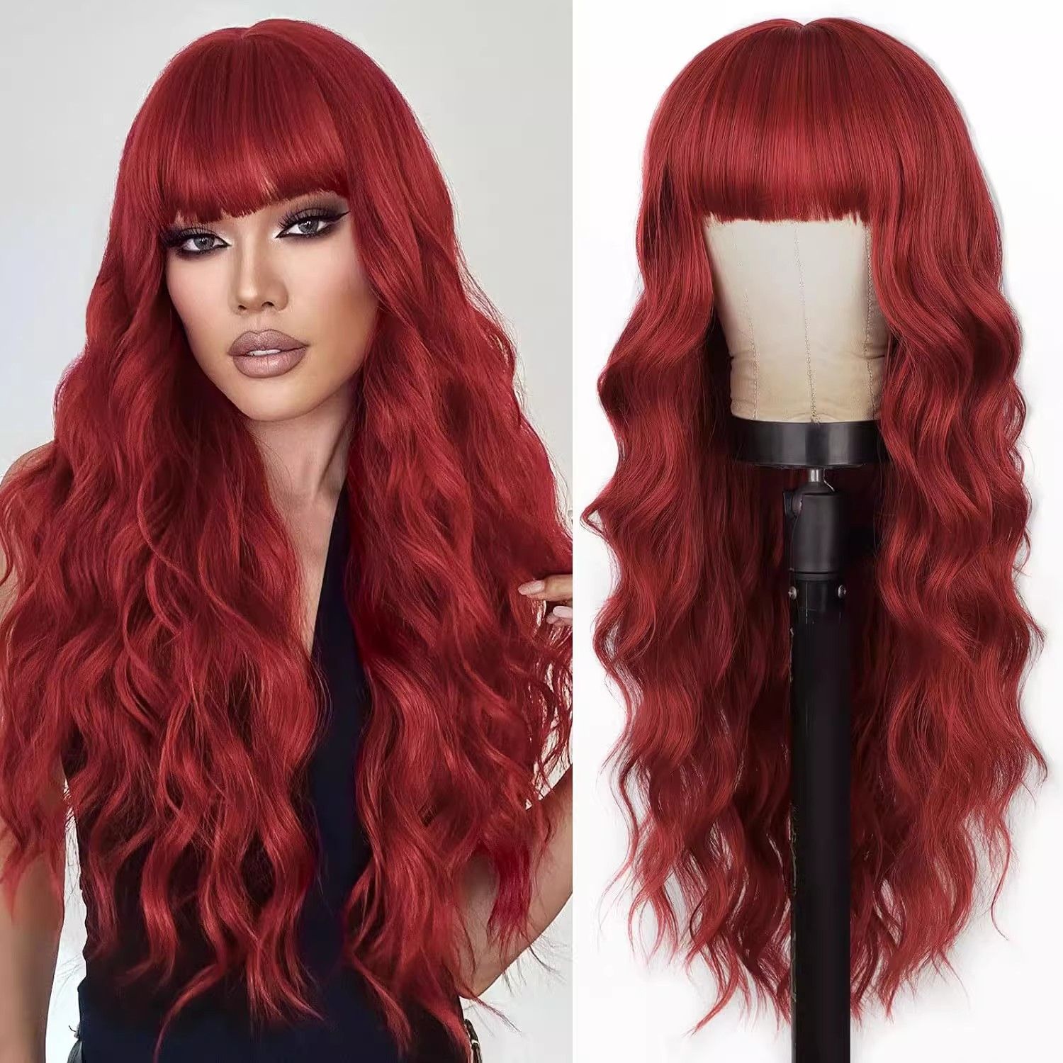 European and American wigs, bangs, big waves, Dark Brown, long curl, comfortable, natural hair, chemical fiber head hood, wig