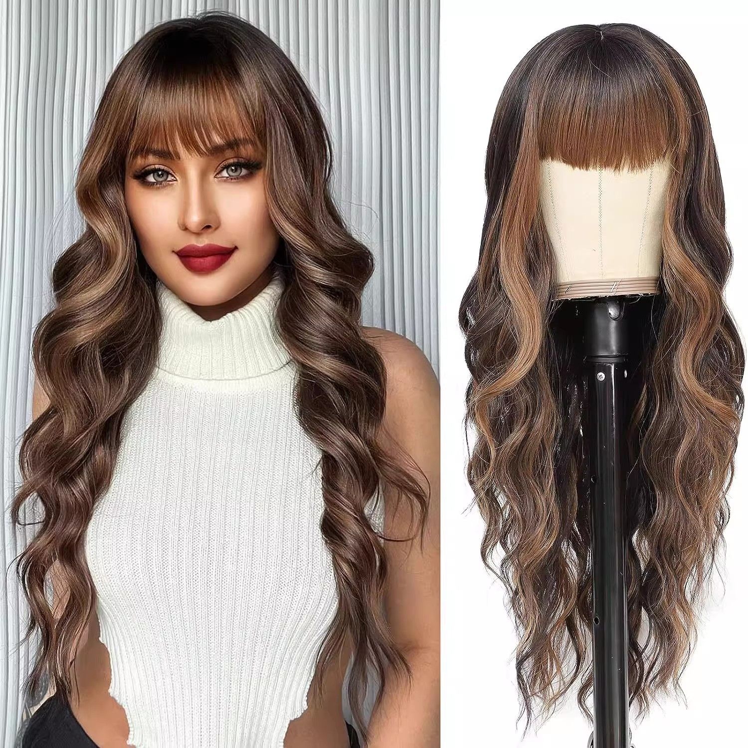 European and American wigs, bangs, big waves, Dark Brown, long curl, comfortable, natural hair, chemical fiber head hood, wig