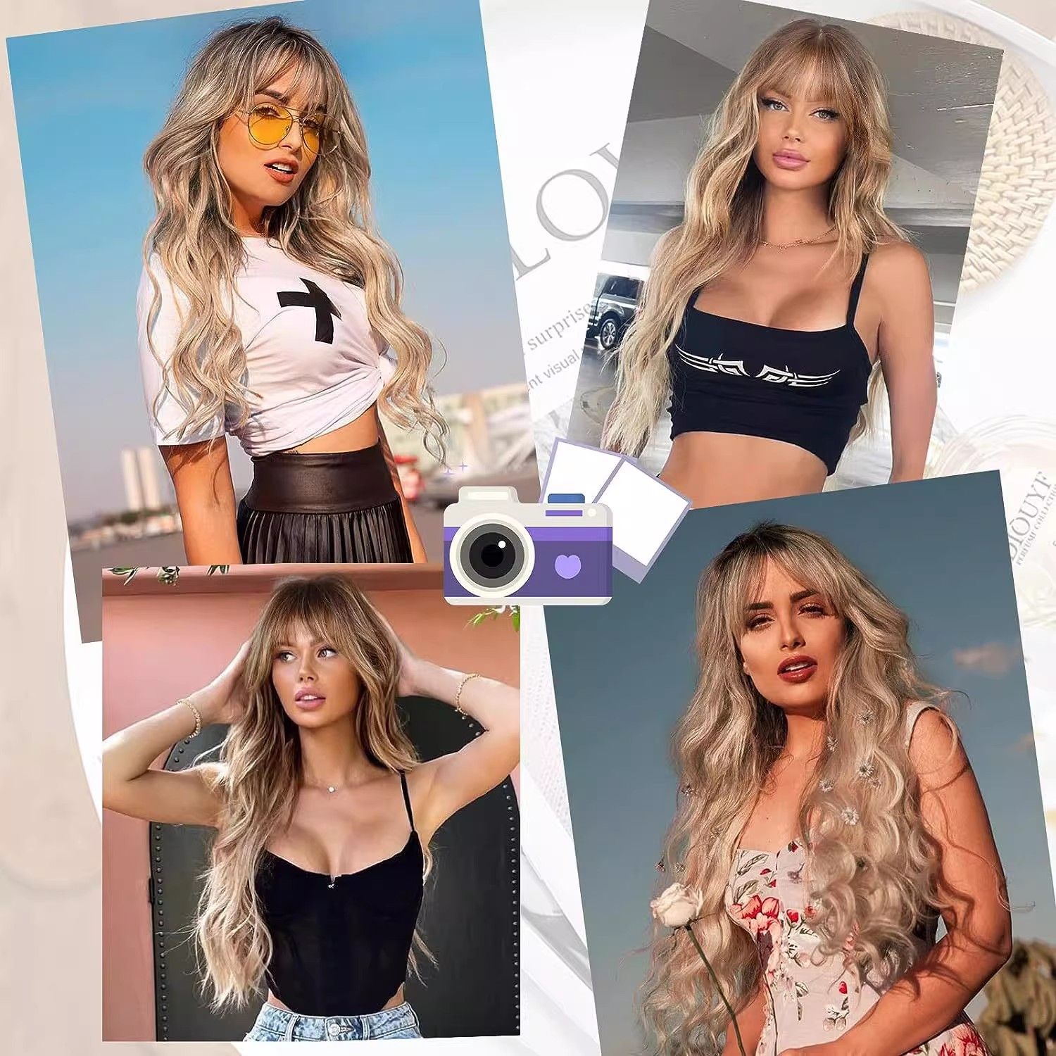 European and American wigs, bangs, big waves, Dark Brown, long curl, comfortable, natural hair, chemical fiber head hood, wig