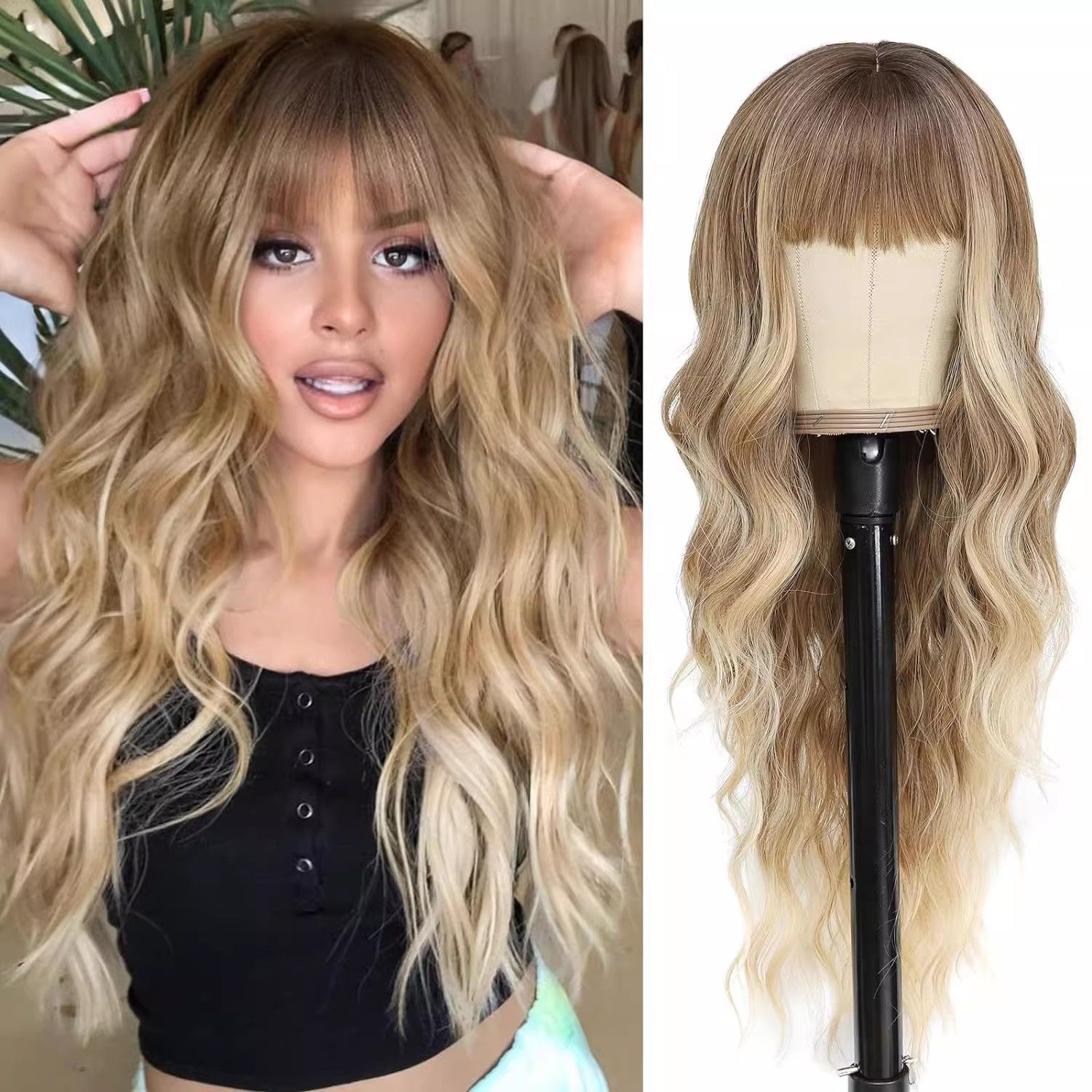 European and American wigs, bangs, big waves, Dark Brown, long curl, comfortable, natural hair, chemical fiber head hood, wig