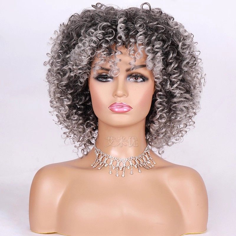 Chicken covet head brown yellow small curly explosive head wig short style women's personality with bangs black head cover afro wig
