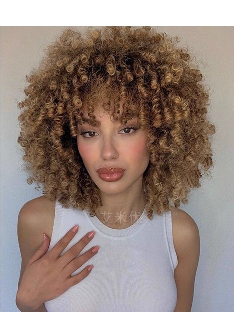 Chicken covet head brown yellow small curly explosive head wig short style women's personality with bangs black head cover afro wig