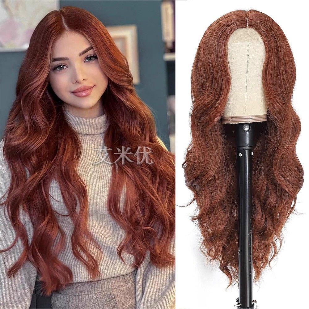 Long forehead lace hair large wavy wig women American style hairstyle black handwoven mid-part full head cover