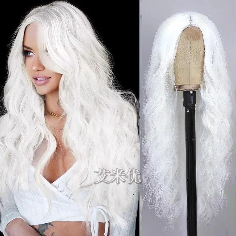 Long forehead lace hair large wavy wig women American style hairstyle black handwoven mid-part full head cover