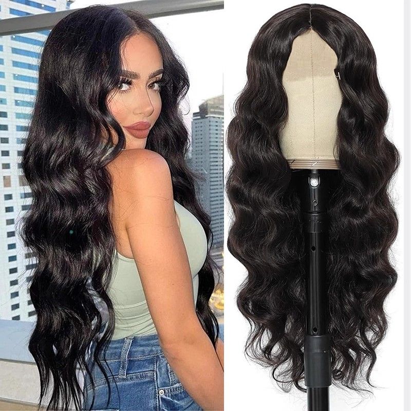 Long forehead lace hair large wavy wig women American style hairstyle black handwoven mid-part full head cover