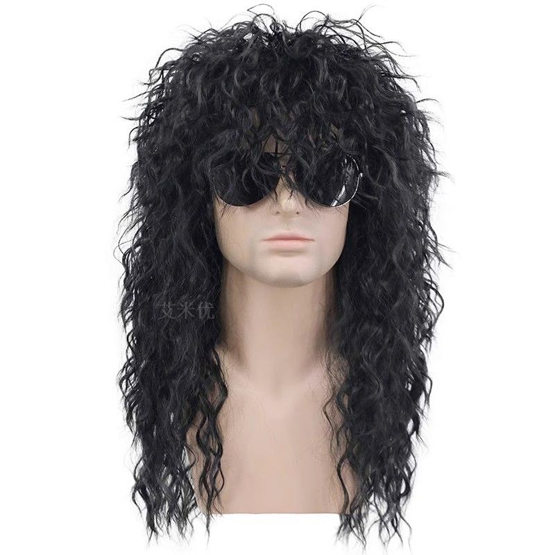 European and American men's wig 80s punk long curly hair Halloween headdress rock wig headgear retro messy wig