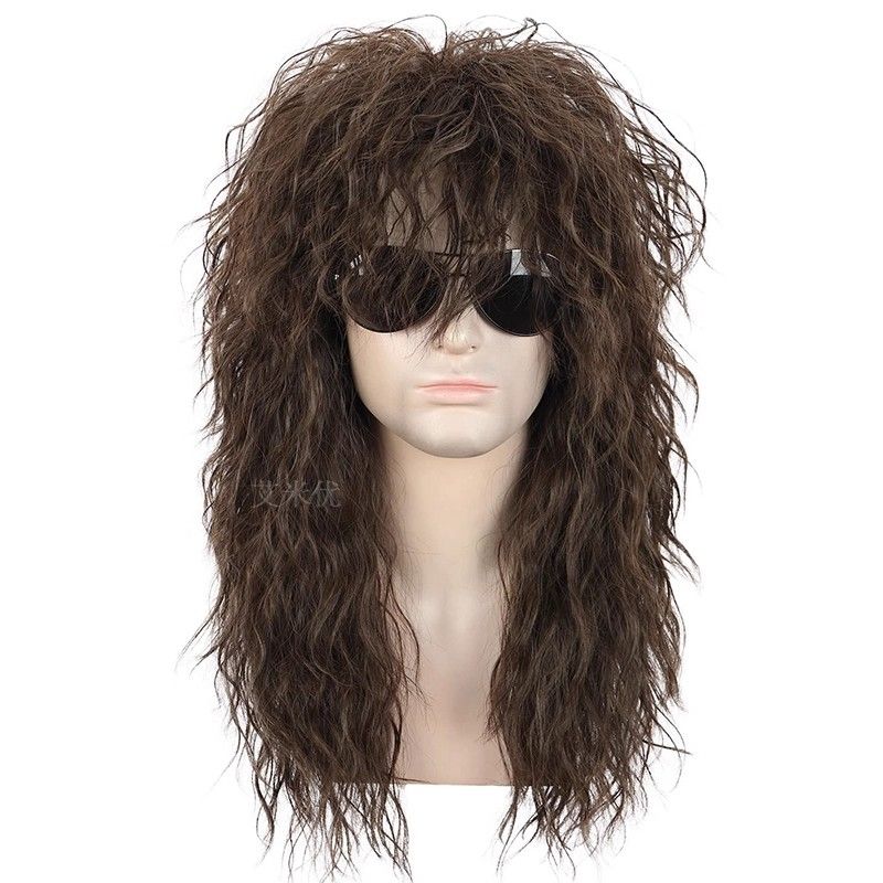 European and American men's wig 80s punk long curly hair Halloween headdress rock wig headgear retro messy wig