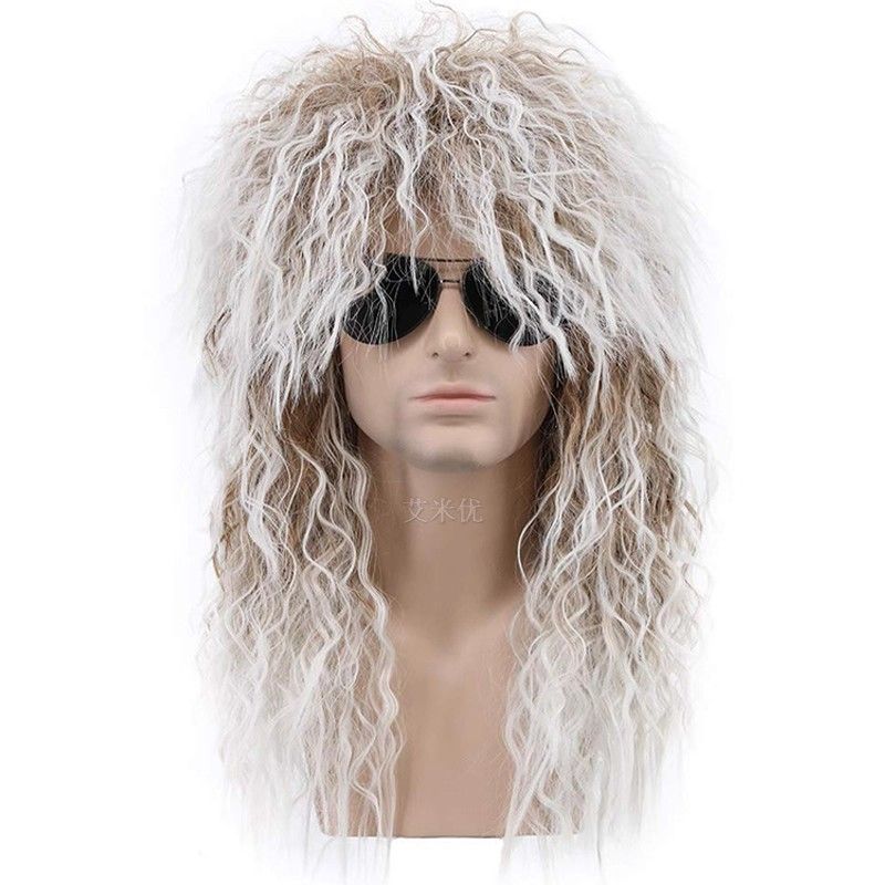 European and American men's wig 80s punk long curly hair Halloween headdress rock wig headgear retro messy wig