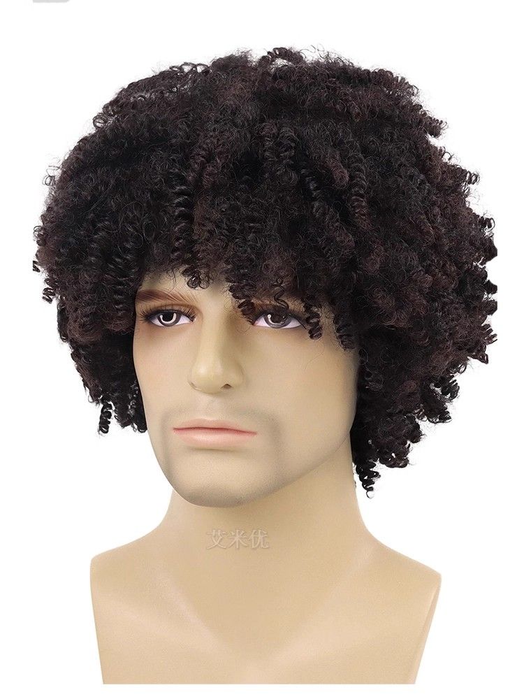 Men's wig small curly hip hop style hip hop chicken coop short curly black chemical fiber head hood fluffy explosive head