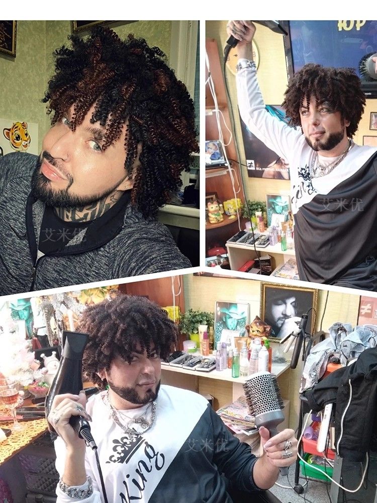 Men's wig small curly hip hop style hip hop chicken coop short curly black chemical fiber head hood fluffy explosive head