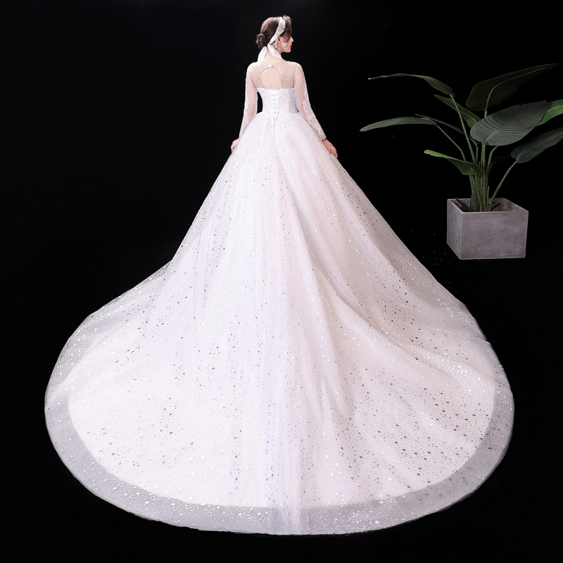 Long-sleeved wedding dress 2025 bride floor-length style new trailing tutu skirt one-shoulder Korean retro princess