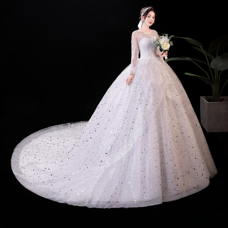 Long-sleeved wedding dress 2025 bride floor-length style new trailing tutu skirt one-shoulder Korean retro princess