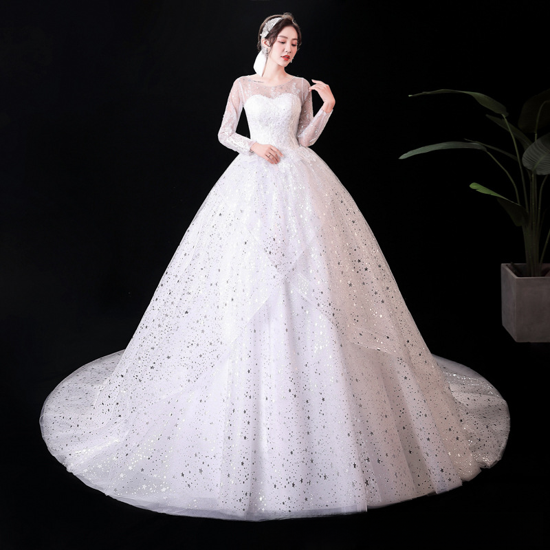 Long-sleeved wedding dress 2025 bride floor-length style new trailing tutu skirt one-shoulder Korean retro princess