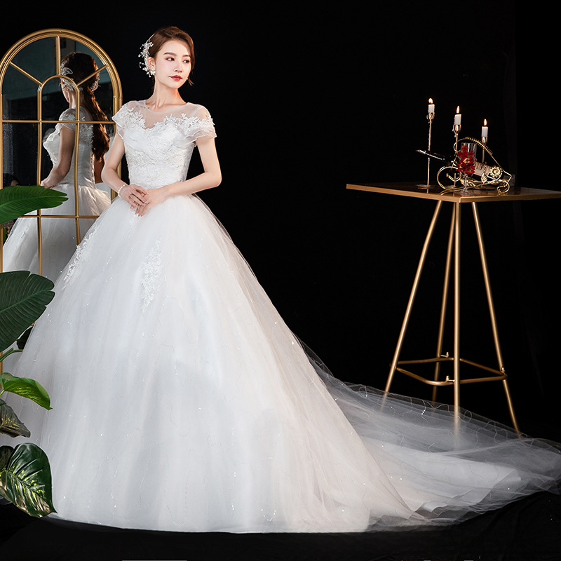 One shoulder main wedding dress 2025 new bride summer temperament starry sky tail French style light and small to cover thick arms