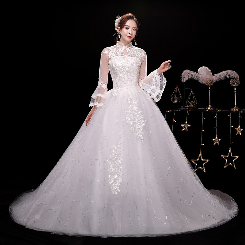 One shoulder main wedding dress 2025 new bride summer temperament starry sky tail French style light and small to cover thick arms