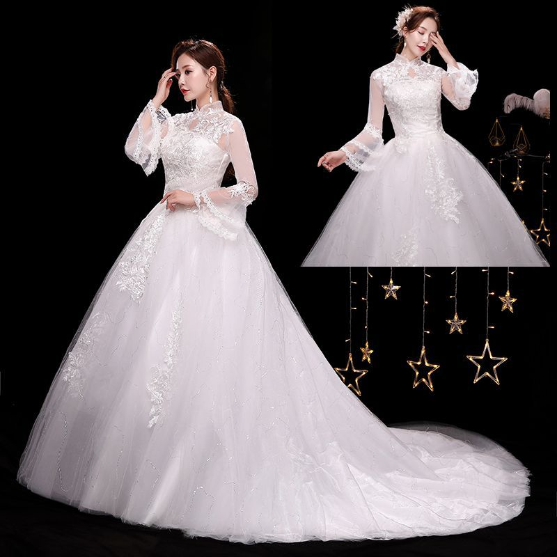 One shoulder main wedding dress 2025 new bride summer temperament starry sky tail French style light and small to cover thick arms