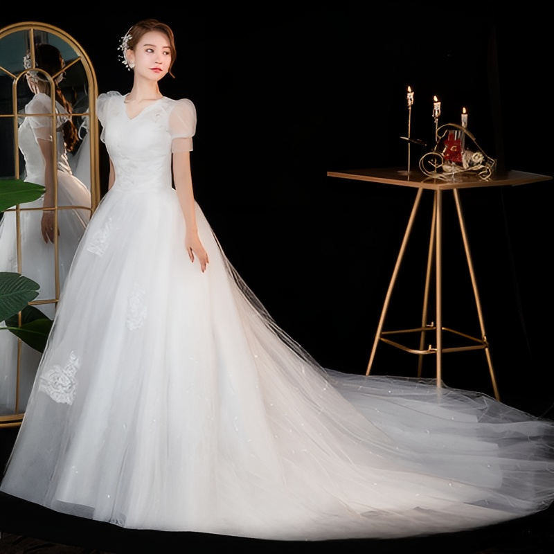French light wedding dress 2025 new bride temperament starry sky tail one shoulder simple princess petite