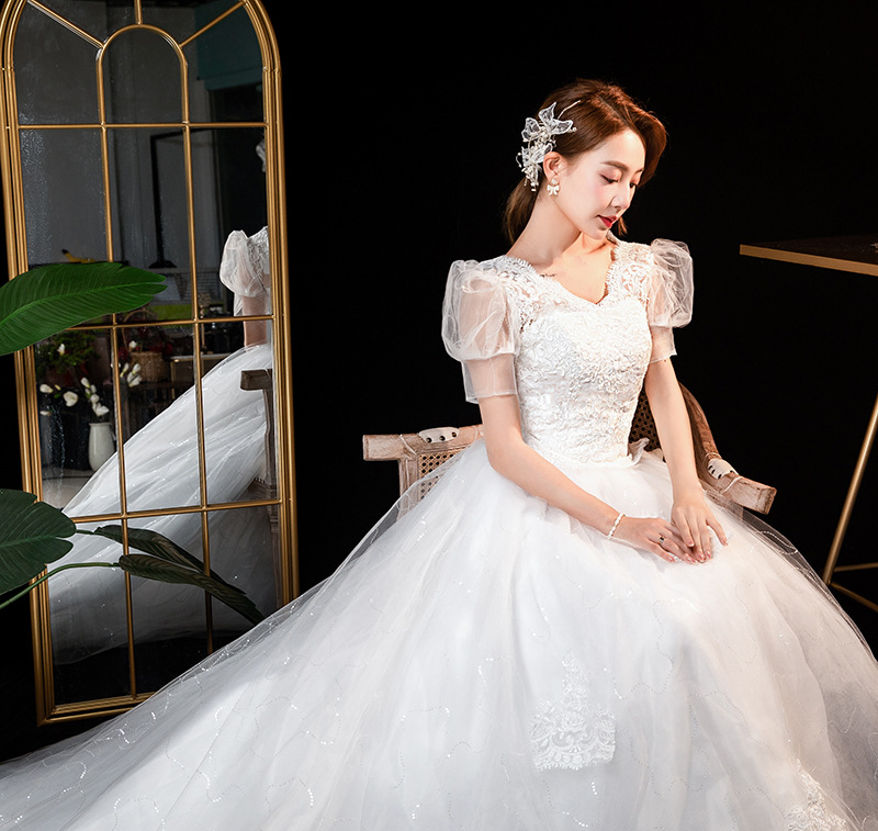 French light wedding dress 2025 new bride temperament starry sky tail one shoulder simple princess petite