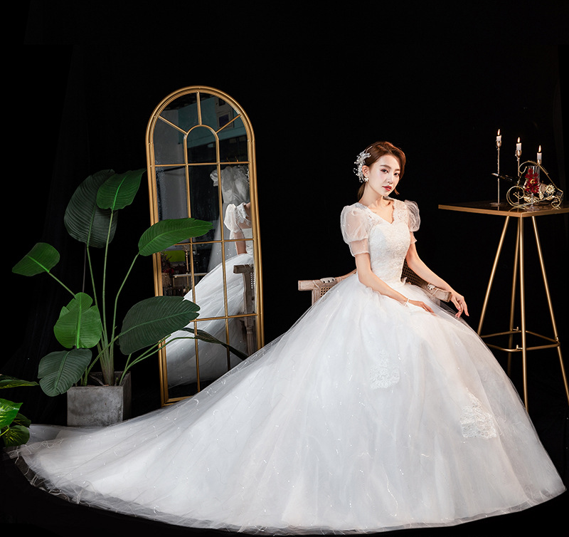 French light wedding dress 2025 new bride temperament starry sky tail one shoulder simple princess petite