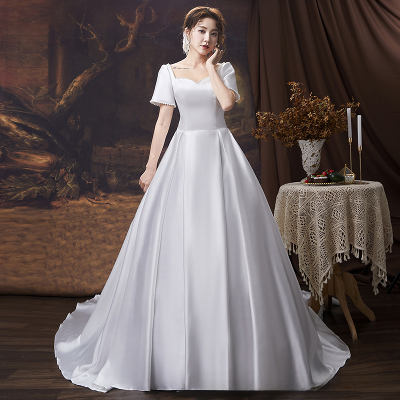 French light wedding dress 2025 new bride temperament starry sky tail one shoulder simple princess petite