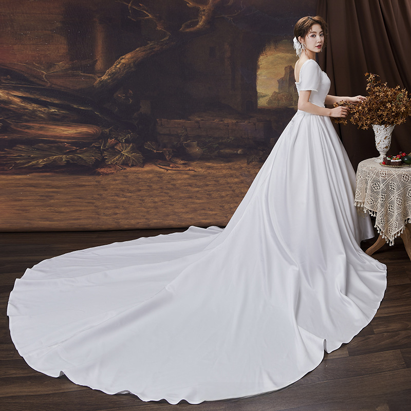 French light wedding dress 2025 new bride temperament starry sky tail one shoulder simple princess petite
