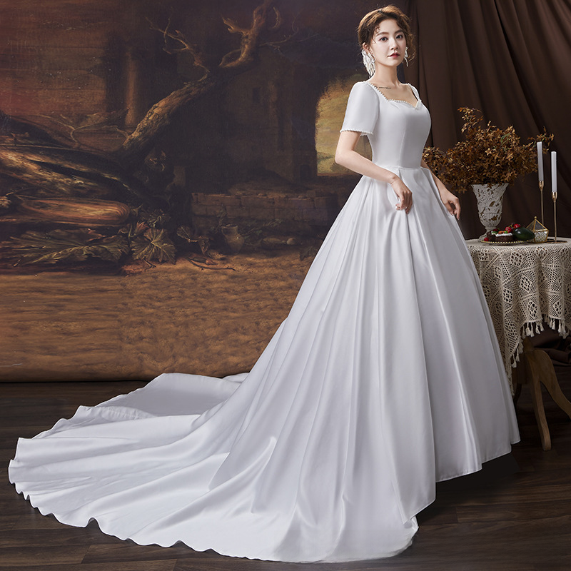 French light wedding dress 2025 new bride temperament starry sky tail one shoulder simple princess petite
