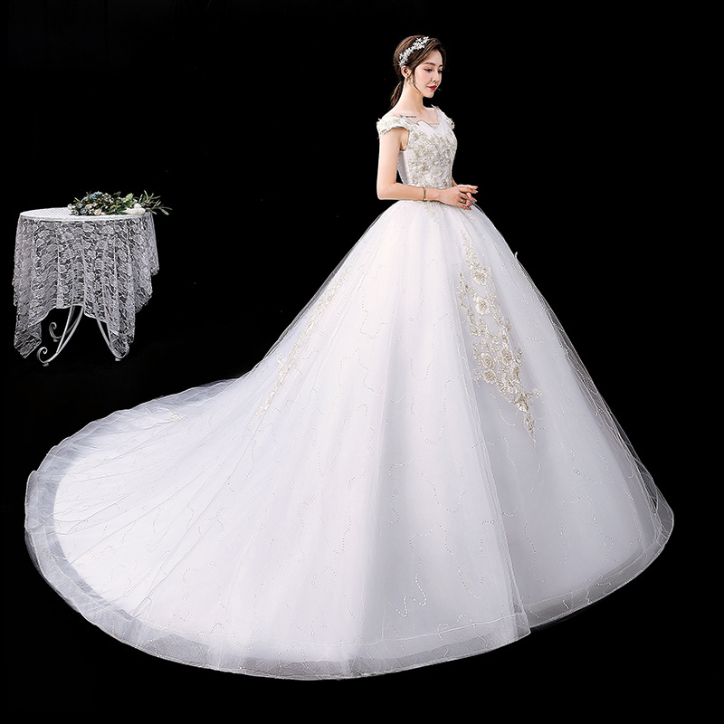 French light wedding dress 2025 new bride temperament starry sky tail one shoulder simple princess petite
