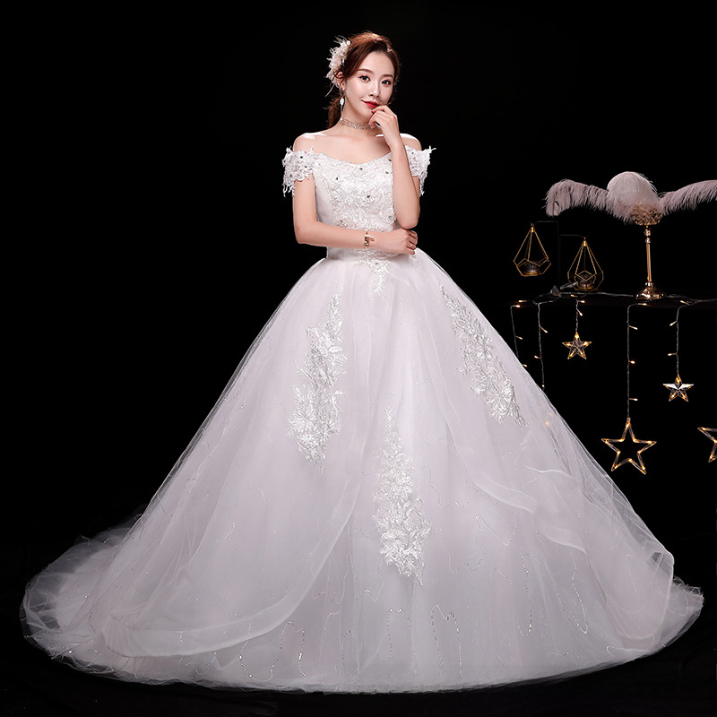 French light wedding dress 2025 new bride temperament starry sky tail one shoulder simple princess petite