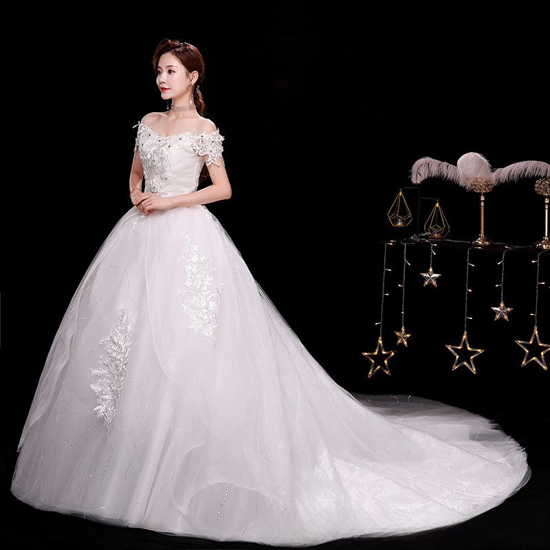 French light wedding dress 2025 new bride temperament starry sky tail one shoulder simple princess petite