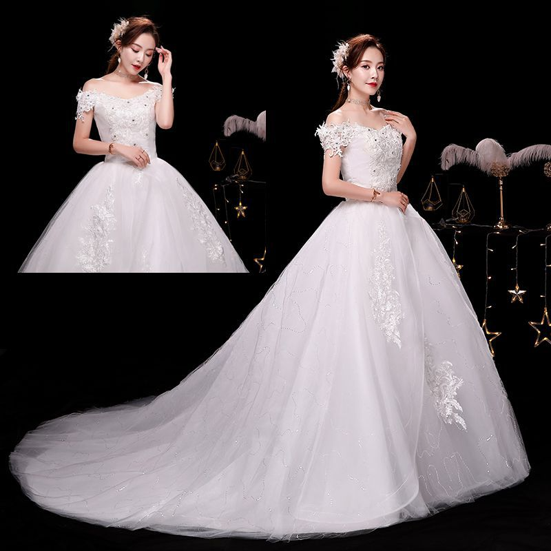 French light wedding dress 2025 new bride temperament starry sky tail one shoulder simple princess petite