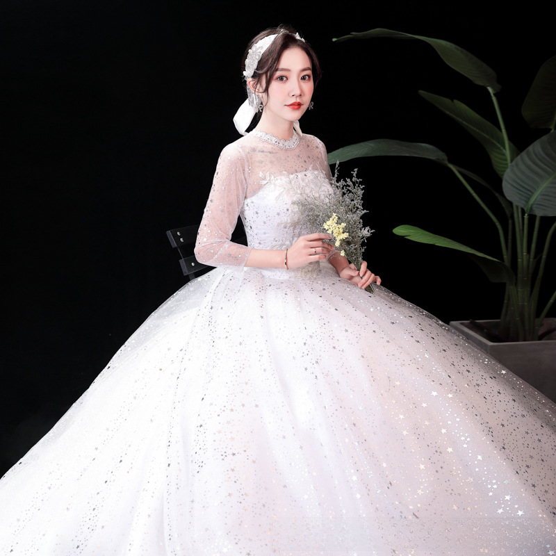 Starry sky simple one-shoulder main wedding dress 2025 new temperament bride French heavy industry luxury palace style trailing summer