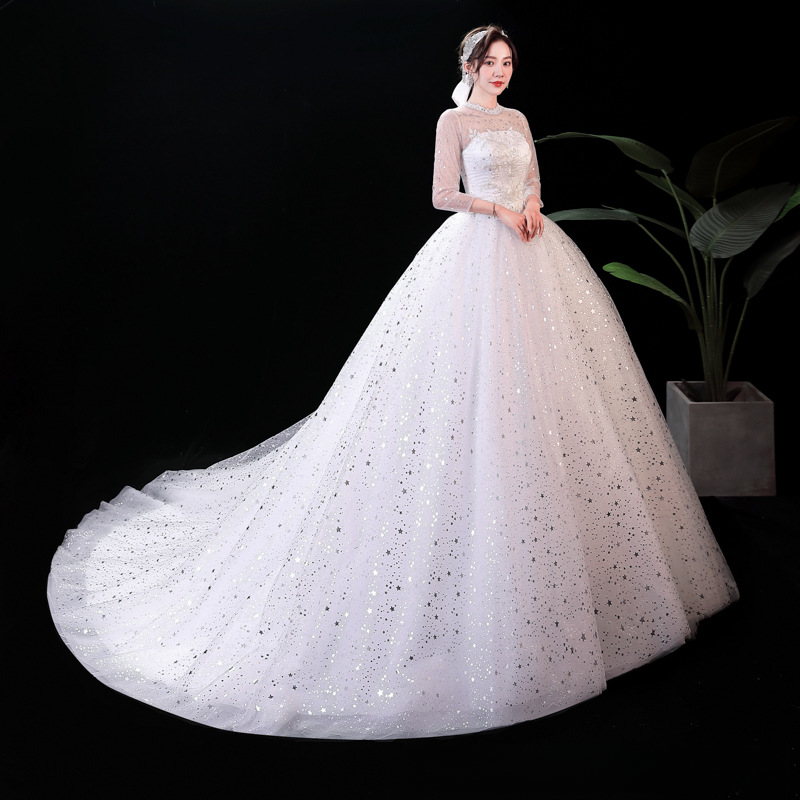 Starry sky simple one-shoulder main wedding dress 2025 new temperament bride French heavy industry luxury palace style trailing summer