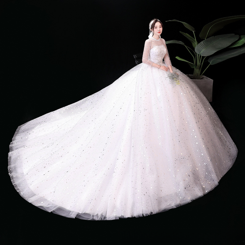 Starry sky simple one-shoulder main wedding dress 2025 new temperament bride French heavy industry luxury palace style trailing summer