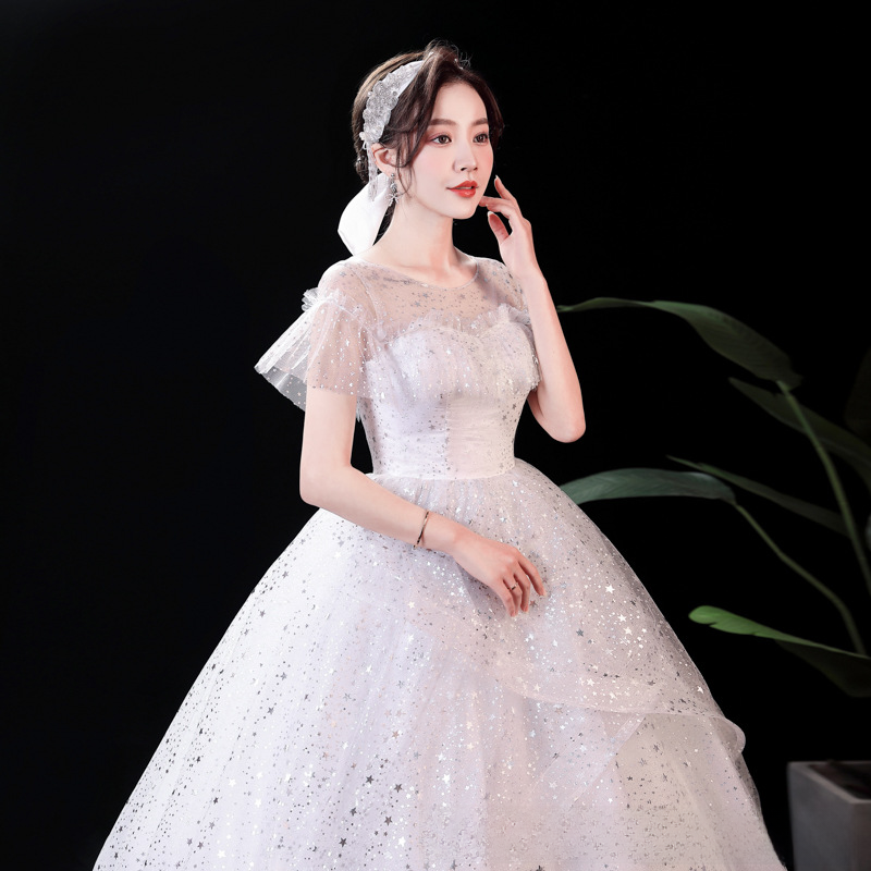 Starry sky simple one-shoulder main wedding dress 2025 new temperament bride French heavy industry luxury palace style trailing summer