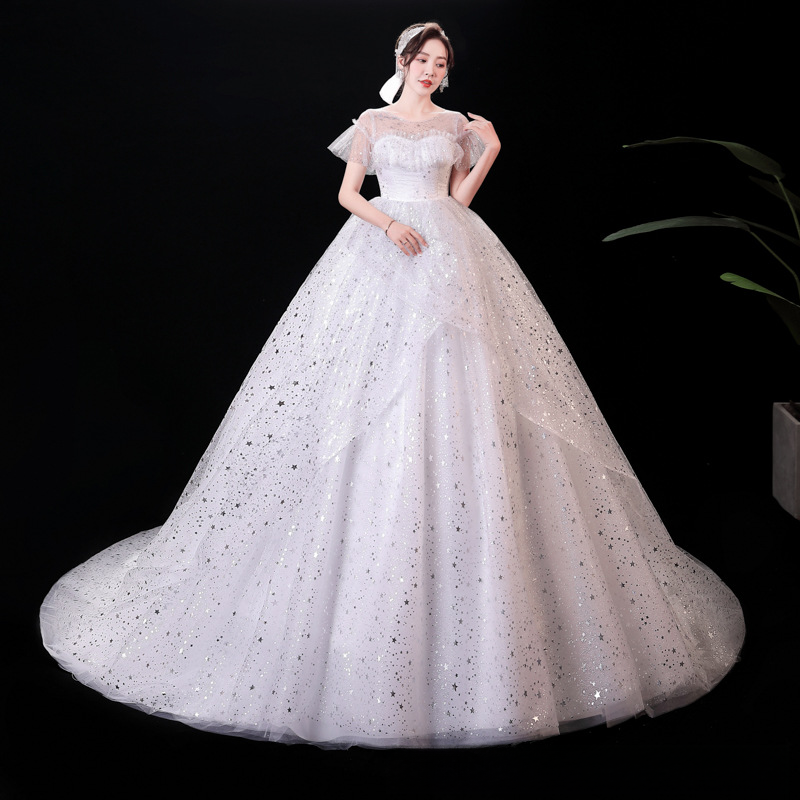 Starry sky simple one-shoulder main wedding dress 2025 new temperament bride French heavy industry luxury palace style trailing summer