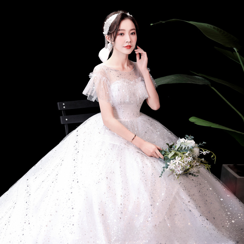 Starry sky simple one-shoulder main wedding dress 2025 new temperament bride French heavy industry luxury palace style trailing summer