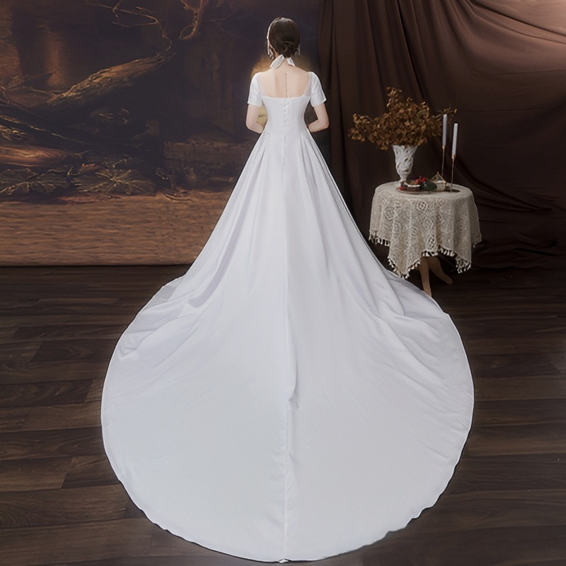One shoulder wedding dress 2025 new bride trailing temperament small forest style French light wedding dress super fairy simple