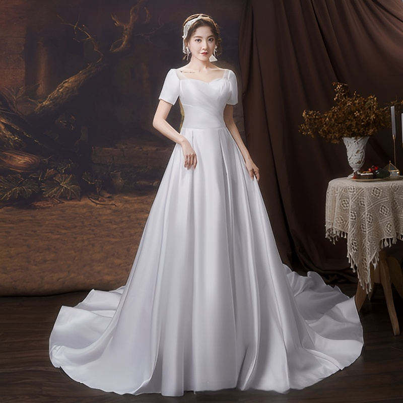 One shoulder wedding dress 2025 new bride trailing temperament small forest style French light wedding dress super fairy simple