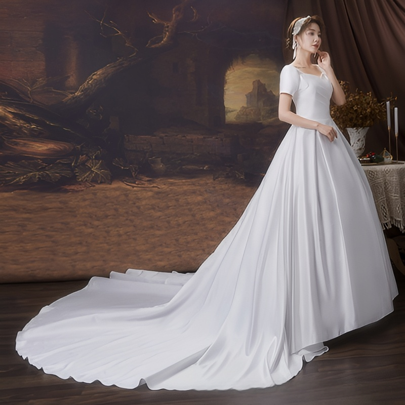 One shoulder wedding dress 2025 new bride trailing temperament small forest style French light wedding dress super fairy simple