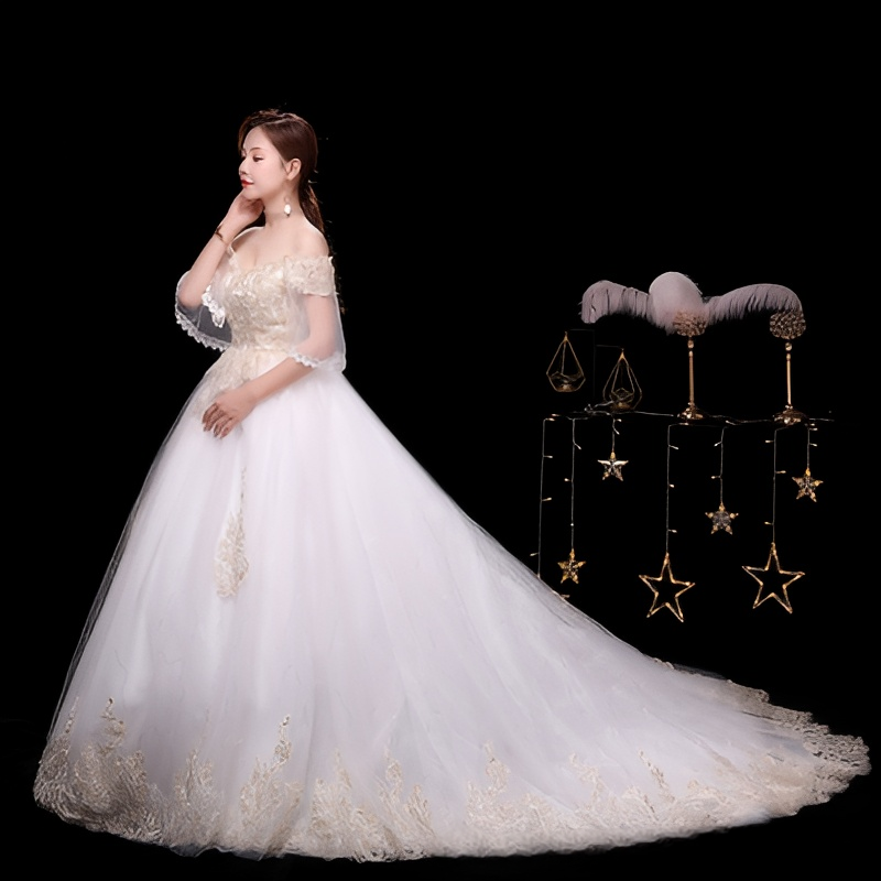 One shoulder wedding dress 2025 new bride trailing temperament small forest style French light wedding dress super fairy simple